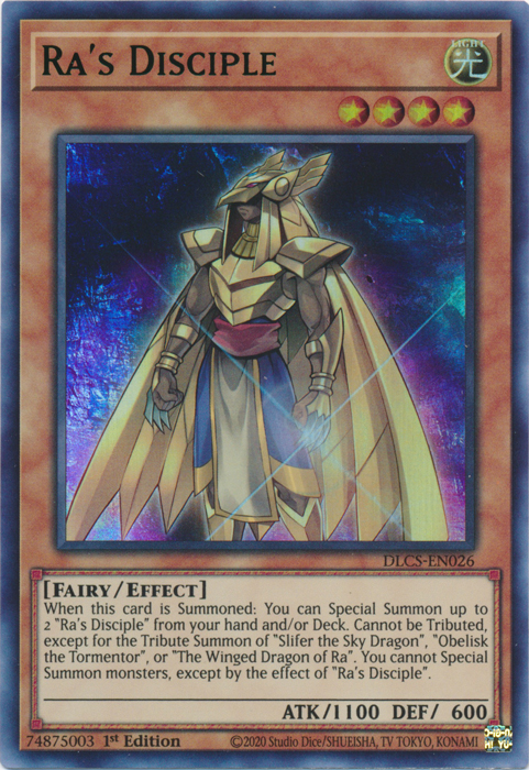 An Ultra Rare Green "Ra's Disciple" card from the Yugioh Set: Dragons of Legend: The Complete Series (DLCS).