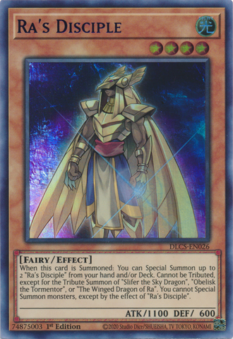 An Ultra Rare Purple "Ra's Disciple" card from the Yugioh Set: Dragons of Legend: The Complete Series (DLCS).