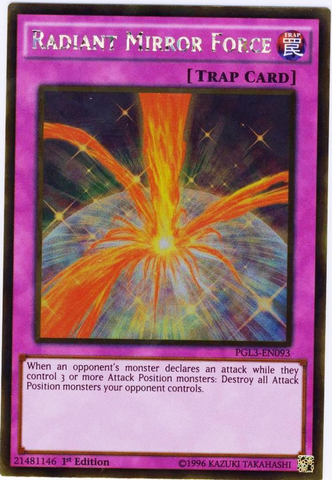 A Gold Rare "Radiant Mirror Force" card from the Yugioh Set: Premium Gold: Infinite Gold (PGL3).