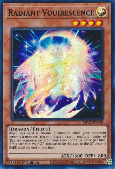 A Super Rare "Radiant Vouirescence" card from the Yugioh 2022 Tin of the Pharaoh's Gods Set.