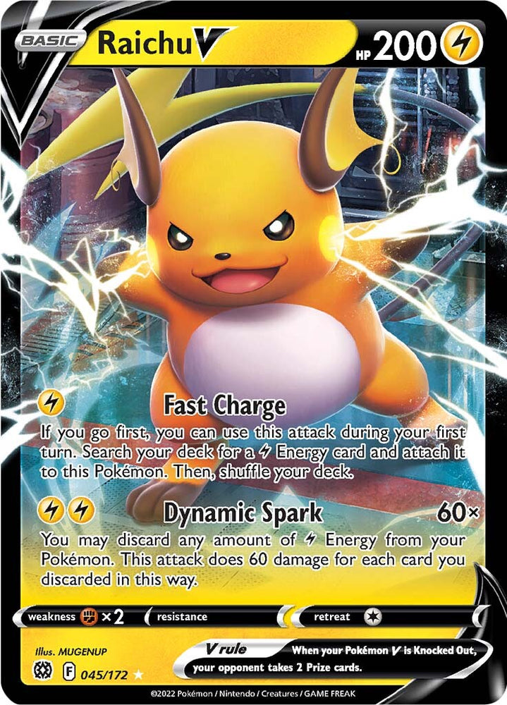 An Ultra Rare "Raichu V" (045/172) card from the Pokemon Set: Brilliant Stars.