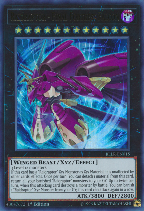 An Ultra Rare "Raidraptor - Final Fortress Falcon" card from the Yugioh Set: Battles of Legend: Light's Revenge (BLLR).
