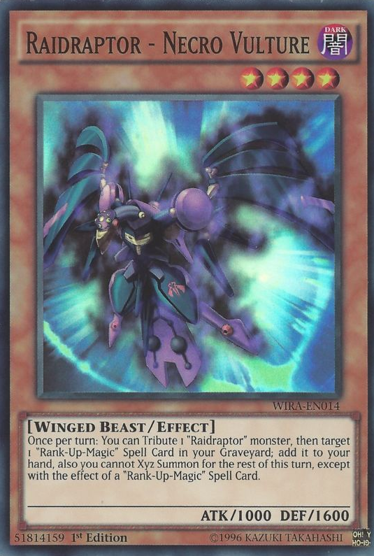A Super Rare "Raidraptor - Necro Vulture" card from the Yugioh Set: Wing Raiders (WIRA).