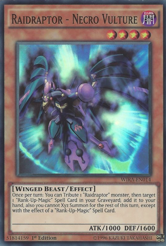 A Super Rare "Raidraptor - Necro Vulture" card from the Yugioh Set: Wing Raiders (WIRA).