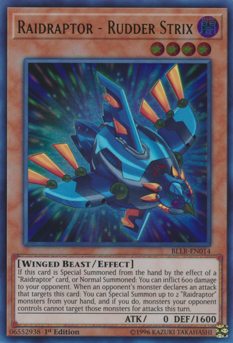 An Ultra Rare "Raidraptor - Rudder Strix" card from the Yugioh Set: Battles of Legend: Light's Revenge (BLLR).