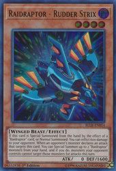 An Ultra Rare "Raidraptor - Rudder Strix" card from the Yugioh Set: Battles of Legend: Light's Revenge (BLLR).
