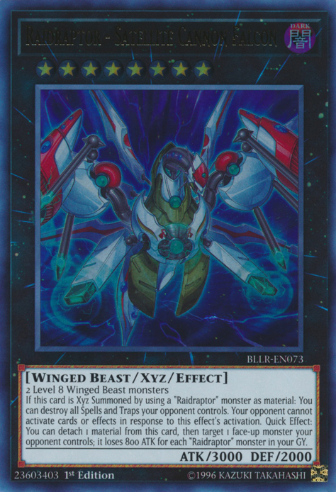 An Ultra Rare "Raidraptor - Satellite Cannon Falcon" card from the Yugioh Set: Battles of Legend: Light's Revenge (BLLR).