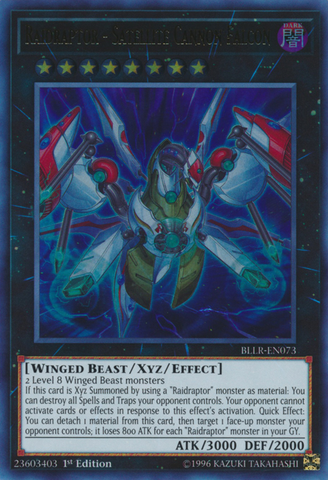An Ultra Rare "Raidraptor - Satellite Cannon Falcon" card from the Yugioh Set: Battles of Legend: Light's Revenge (BLLR).