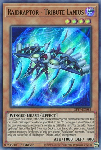 An Ultra Rare "Raidraptor - Tribute Lanius" card from the Yugioh Set: Ghosts From the Past (GFTP).