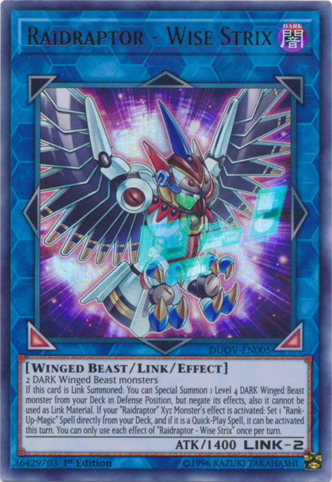 An Ultra Rare "Raidraptor - Wise Strix" card from the Yugioh Set: Duel Overload.