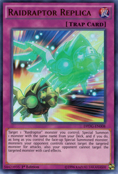 An Ultra Rare "Raidraptor Replica" card from the Yugioh Set: Duelist Pack: Dimensional Guardians (DPDG).