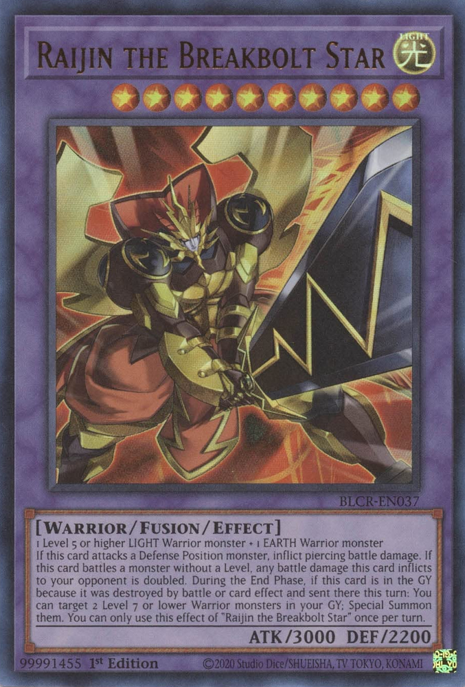 An Ultra Rare "Raijin the Breakbolt Star" card from the Yugioh Set: Battles of Legend: Crystal Revenge (BLCR).