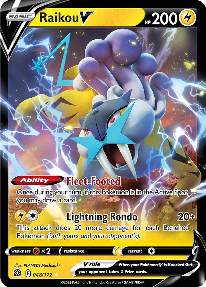 An Ultra Rare "Raikou V" (048/172) card from the Pokemon set: Brilliant Stars. 