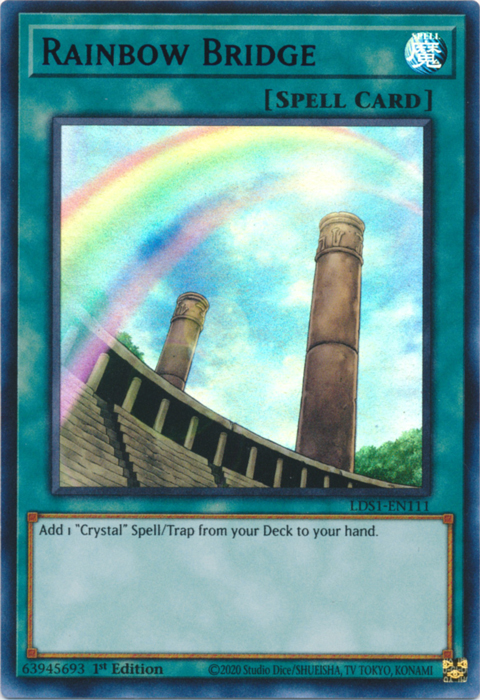 An Ultra Rare Purple "Rainbow Bridge" card from the Yugioh Set: Legendary Duelists: Season 1 (LDS1).