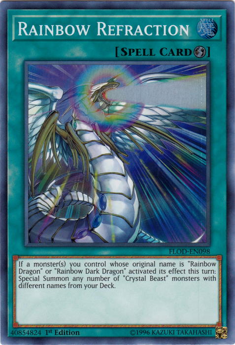 A Super Rare "Rainbow Refraction" card from the Yugioh Set: Flames of Destruction.