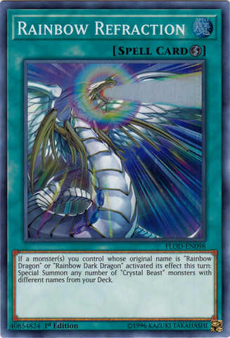 A Super Rare "Rainbow Refraction" card from the Yugioh Set: Flames of Destruction.