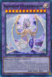 An Ultra Rare Green "Rainbow Overdragon" card from the Yugioh Set: Legendary Duelists: Season 1.