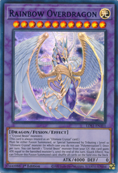 An Ultra Rare Purple "Rainbow Overdragon" card from the Yugioh Set: Legendary Duelists: Season 1.