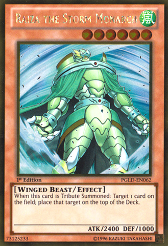 A Gold Rare "Raiza the Storm Monarch" card from the Yugioh Set: Premium Gold (PGLD).