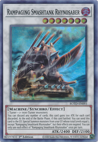 A Super Rare "Rampaging Smashtank Rhynosaber" card from the Yugioh Set: Rise of the Duelist (ROTD).