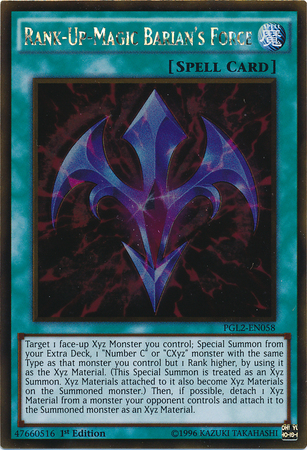A Gold Rare "Rank-Up-Magic Barian's Force" card from the Yugioh Set: Premium Gold: Return of the Bling (PGL2).