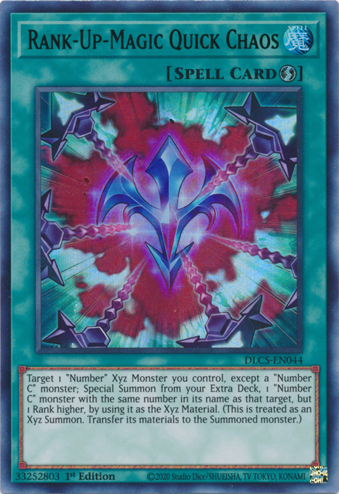 An Ultra Rare Green "Rank-Up-Magic Quick Chaos" card from the Yugioh Set: Dragons of Legend: The Complete Series (DLCS).
