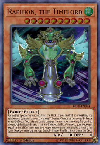 An Ultra Rare "Raphion, the Timelord" card from the Yugioh Set: Battles of Legend: Relentless Revenge (BLRR).