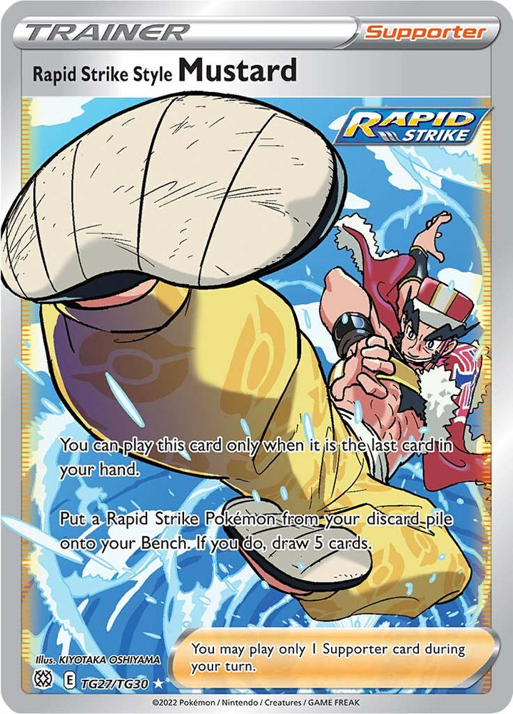 A Secret Rare Trainer Gallery "Rapid Strike Style Mustard" (TG27/TG30) card from the Pokemon Set: Sword & Shield: Brilliant Stars.