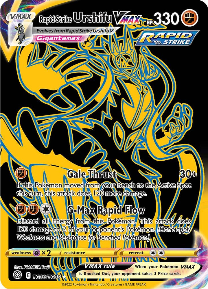 A Secret Rare "Rapid Strike Urshifu Vmax" (TG30/TG30) card from the Pokemon Set: Brilliant Stars.