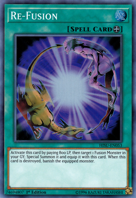 A Super Rare "Re-Fusion" card from the Yugioh Set: The Hidden Summoners (HISU).
