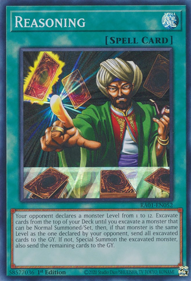 A Super Rare "Reasoning" card from the Yugioh Set: Rarity Collection 1 (RA01).