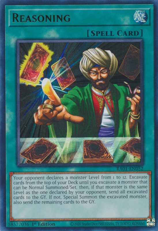 An Ultra Rare "Reasoning" card from the Yugioh Set: Rarity Collection 1 (RA01). 