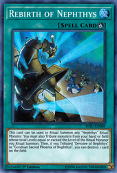 A Super Rare "Rebirth of Nephthys" card from the Yugioh Set: The Hidden Summoners (HISU).