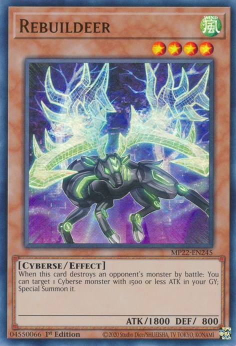 An Ultra Rare "Rebuildeer" card from the Yugioh 2022 Tin of the Pharaoh's Gods Set (MP22).