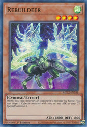 An Ultra Rare "Rebuildeer" card from the Yugioh 2022 Tin of the Pharaoh's Gods Set (MP22).