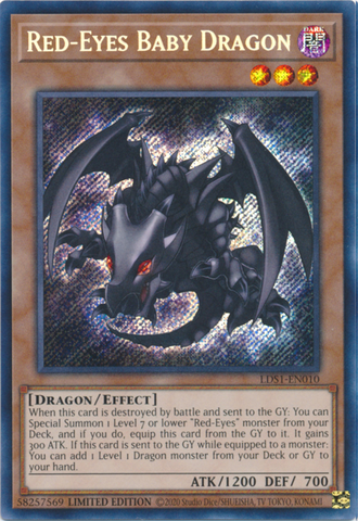 A Secret Rare "Red-Eyes Baby Dragon" card from the Yugioh Set: Legendary Duelists: Season 1 (LDS1).