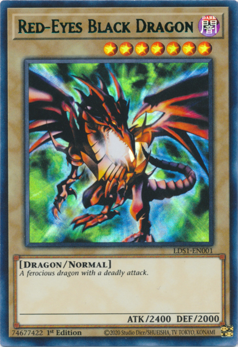 An Ultra Rare Green "Red-Eyes Black Dragon" card from the Yugioh Set: Legendary Duelists: Season 1 (LDS1).
