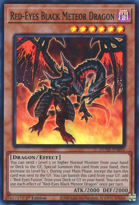 A Super Rare "Red-Eyes Black Meteor Dragon" card from the Yugioh Set: Duelist Nexus (DUNE).