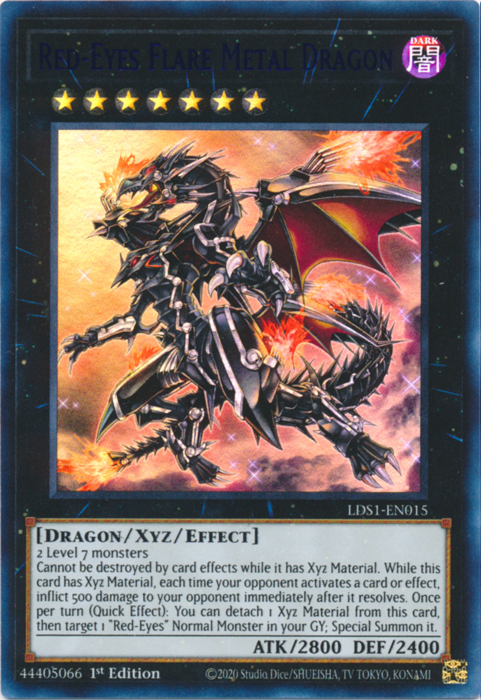 An Ultra Rare Blue "Red-Eyes Flare Metal Dragon" card from the Yugioh Set: Legendary Duelists: Season 1 (LDS1).