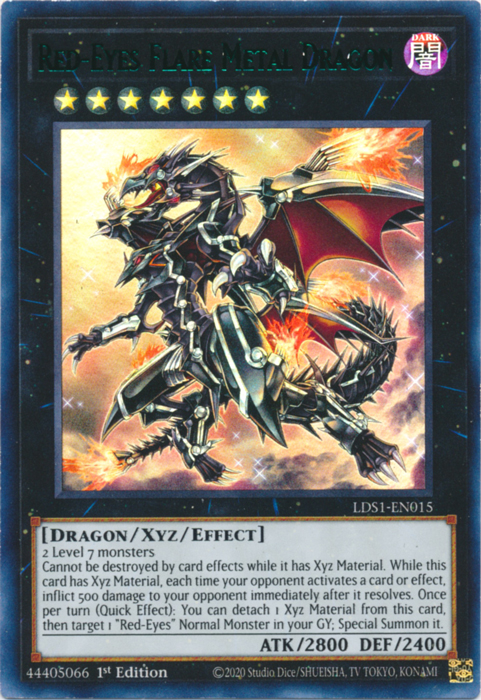 An Ultra Rare Green "Red-Eyes Flare Metal Dragon" card from the Yugioh Set: Legendary Duelists: Season 1 (LDS1).