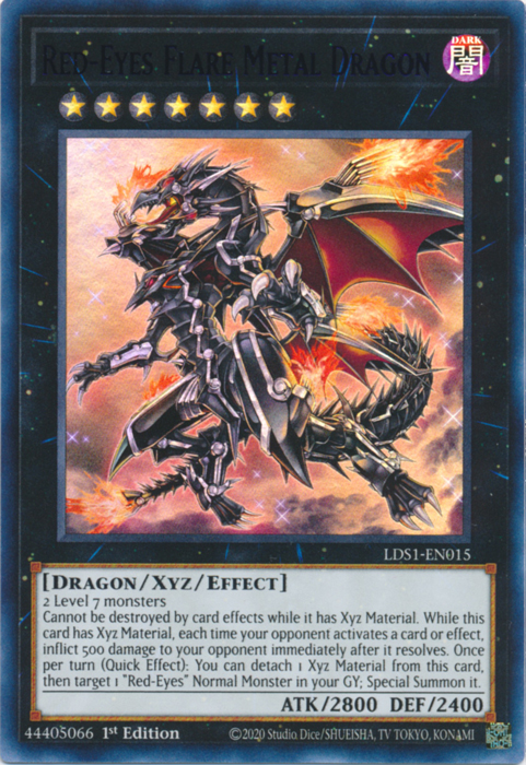 An Ultra Rare Purple "Red-Eyes Flare Metal Dragon" card from the Yugioh Set: Legendary Duelists: Season 1 (LDS1).