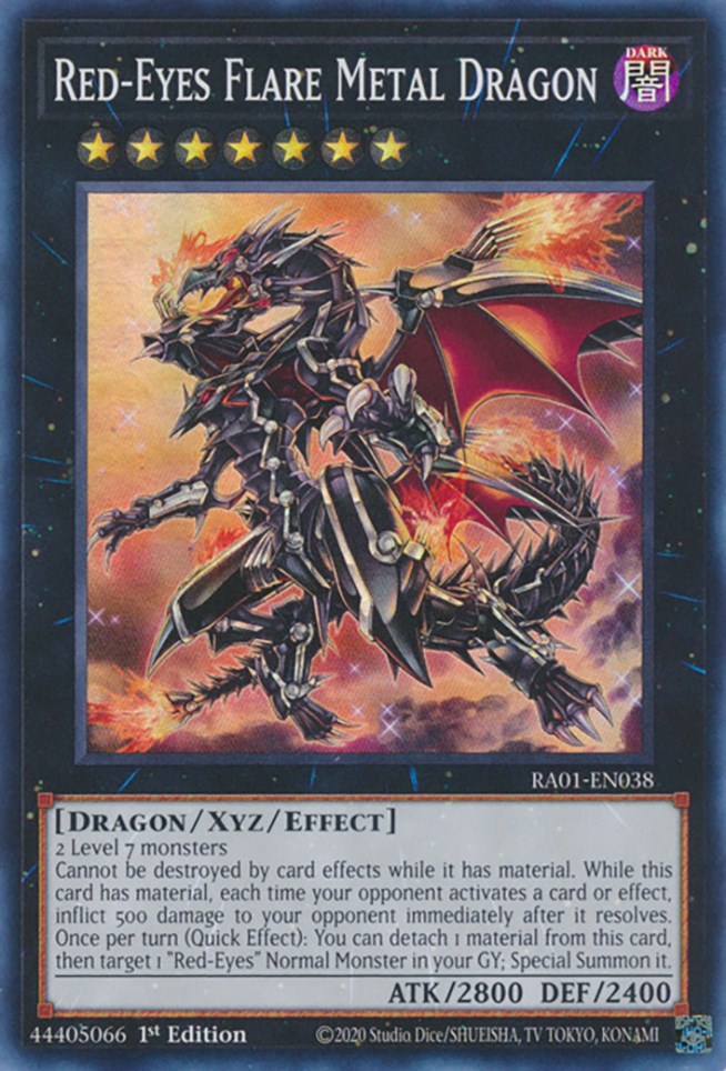 A Super Rare "Red-Eyes Flare Metal Dragon" card from the Yugioh Set: Rarity Collection 1 (RA01).