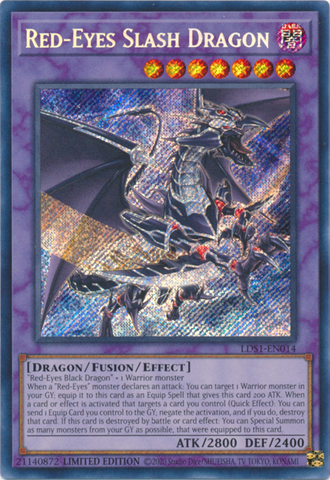 A Secret Rare "Red-Eyes Slash Dragon" card from the Yugioh Set: Legendary Duelists: Season 1 (LDS1).