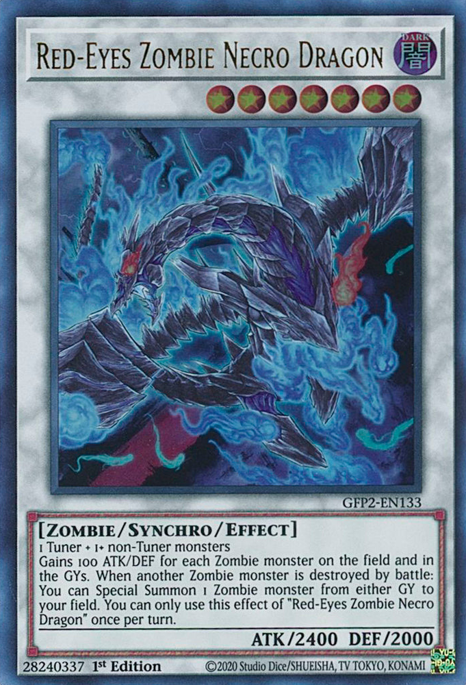 An Ultra Rare "Red-Eyes Zombie Necro Dragon" card from the Yugioh Set: Ghosts From the Past: The 2nd Haunting (GFP2).