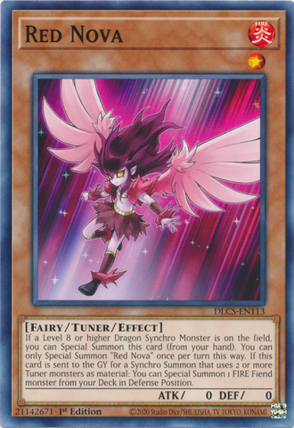 A Common "Red Nova" card from the Yugioh Set: Dragons of Legend: The Complete Series (DLCS).