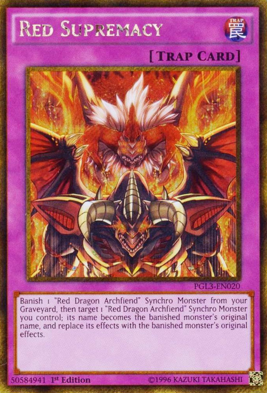A Gold Secret Rare "Red Supremacy" card from the Yugioh Set: Premium Gold: Infinite Gold (PGL3).