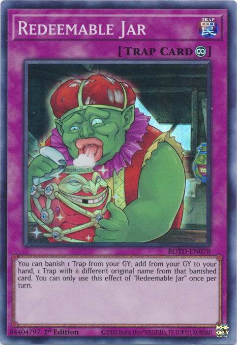 A Super Rare "Redeemable Jar" card from the Yugioh Set: Rise of the Duelist (ROTD).