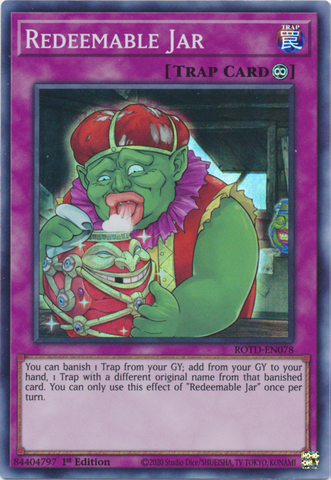 A Super Rare "Redeemable Jar" card from the Yugioh Set: Rise of the Duelist (ROTD).
