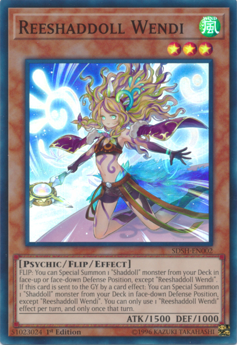 A Super Rare "Reeshaddoll Wendi" card from the Yugioh Structure Deck: Shaddoll Showdown.