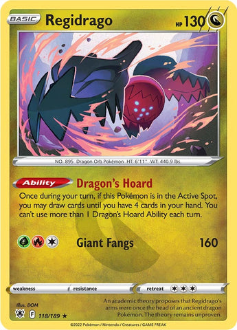 An Rare "Regidrago" card from the Pokemon Set: Astral Radiance.